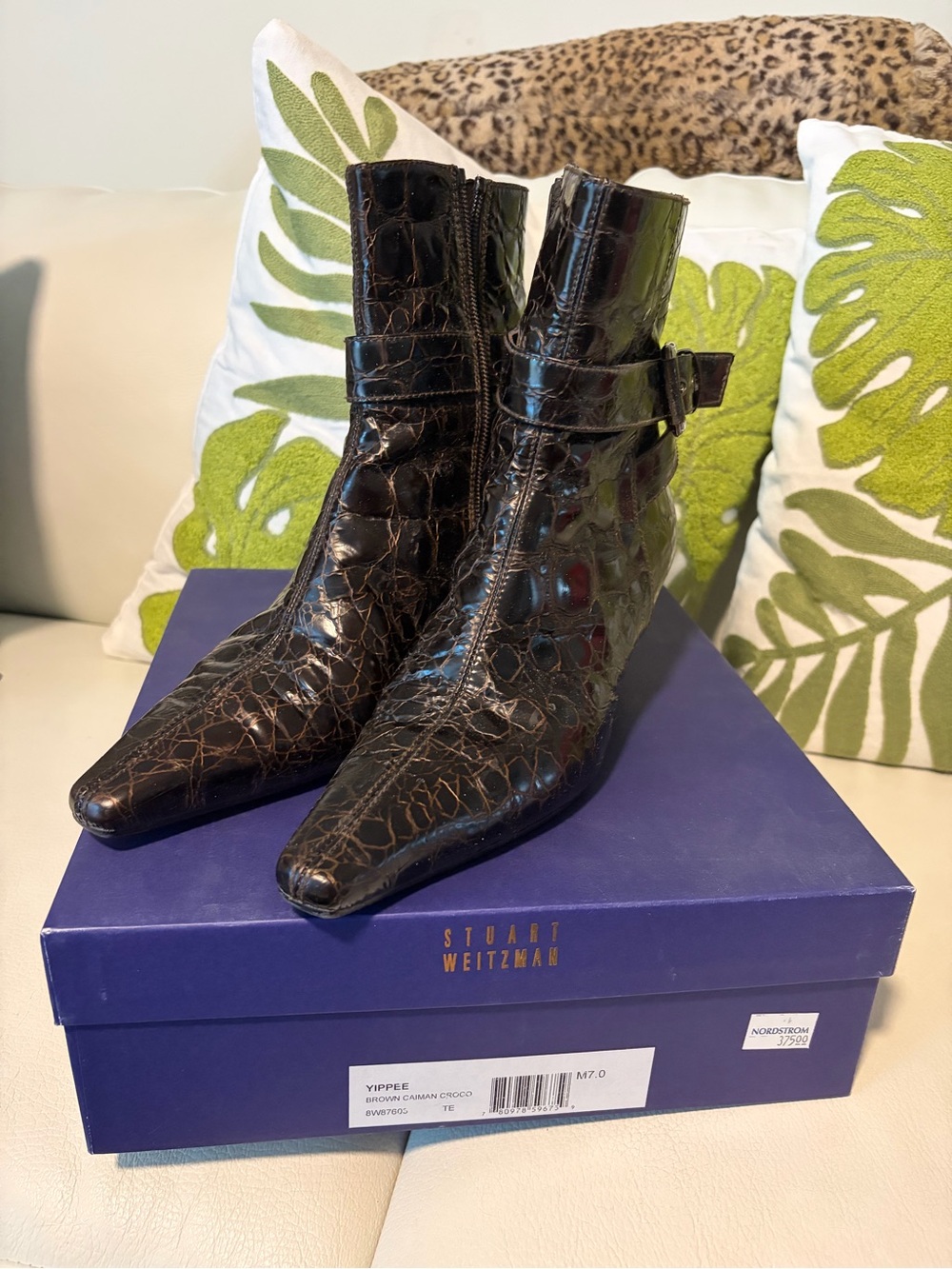 Stuart Weitzman Dark Brown Croc-Embossed Pointed Ankle Boots